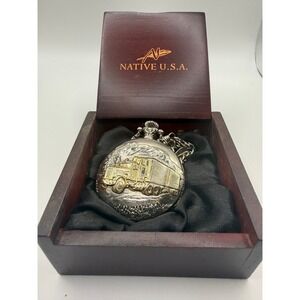 Native USA Field Ranger Pocket Watch SemiTruck Big Rig Silver Gold Tone Wood Box